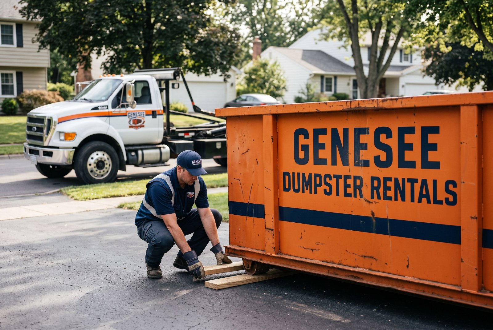 Crew member laying protection boards for a Genesee Dumpster Rentals dumpster
